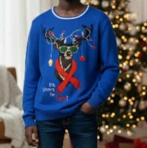 Mens Blue Crew Neck Bro Wheres The Party Reindeer Ugly Xmas Sweater L